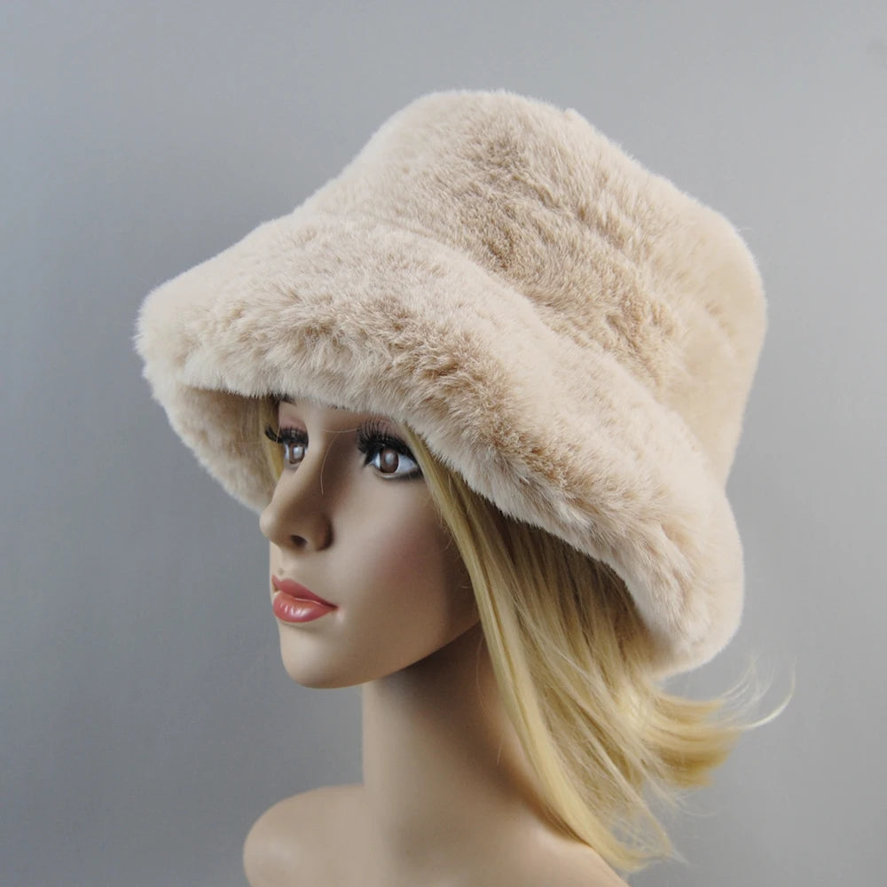 New Fake Rabbit Fur Hats Super Soft Women Winter Hat Cotton Lining Warm Russian Ski Beanies Plush Solid Color Fashion Casual Cap