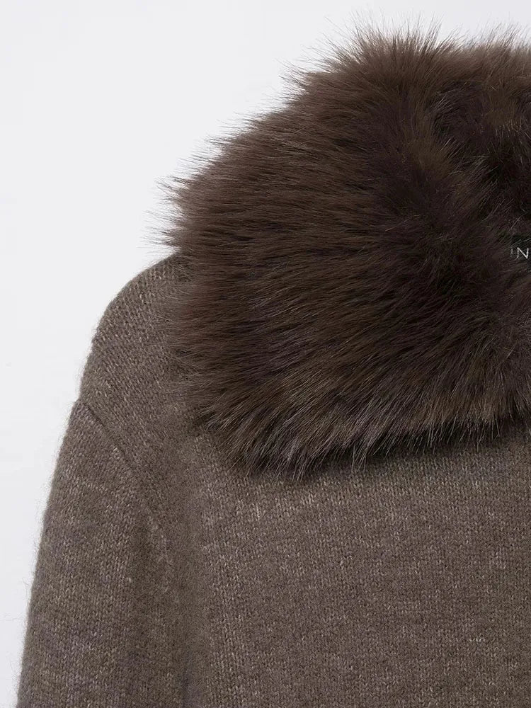 Women Autumn Winter Fashion Fall Vintage Patchwork Faux Fur Lapel Elegant Sweaters Single Breasted Knitwear Female Cardigans