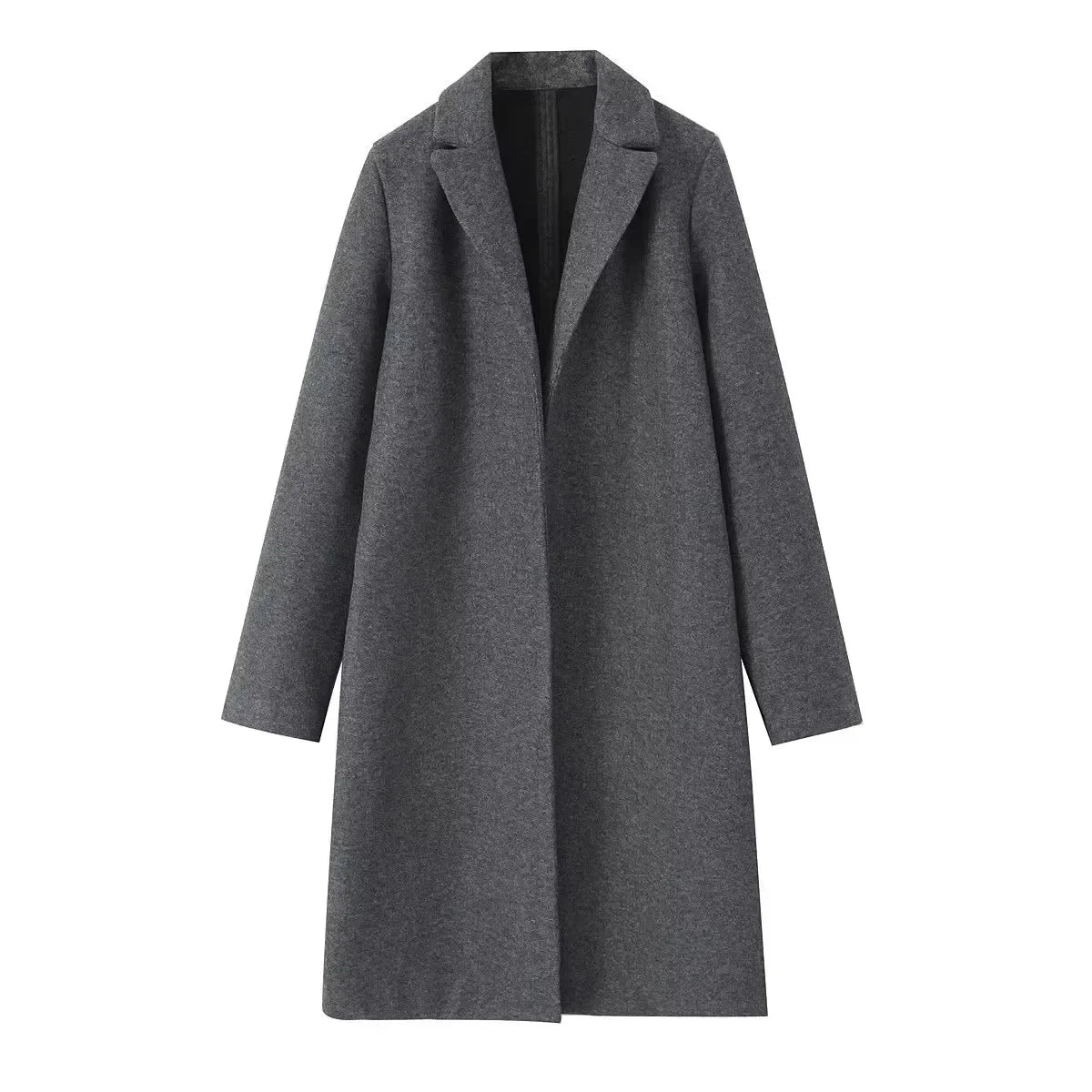 2025 Women Woolen coat Fashion Solid Open Stitch Long Trench Coats Vintage V-Neck Full Sleeves Female Chic Lady Outfits