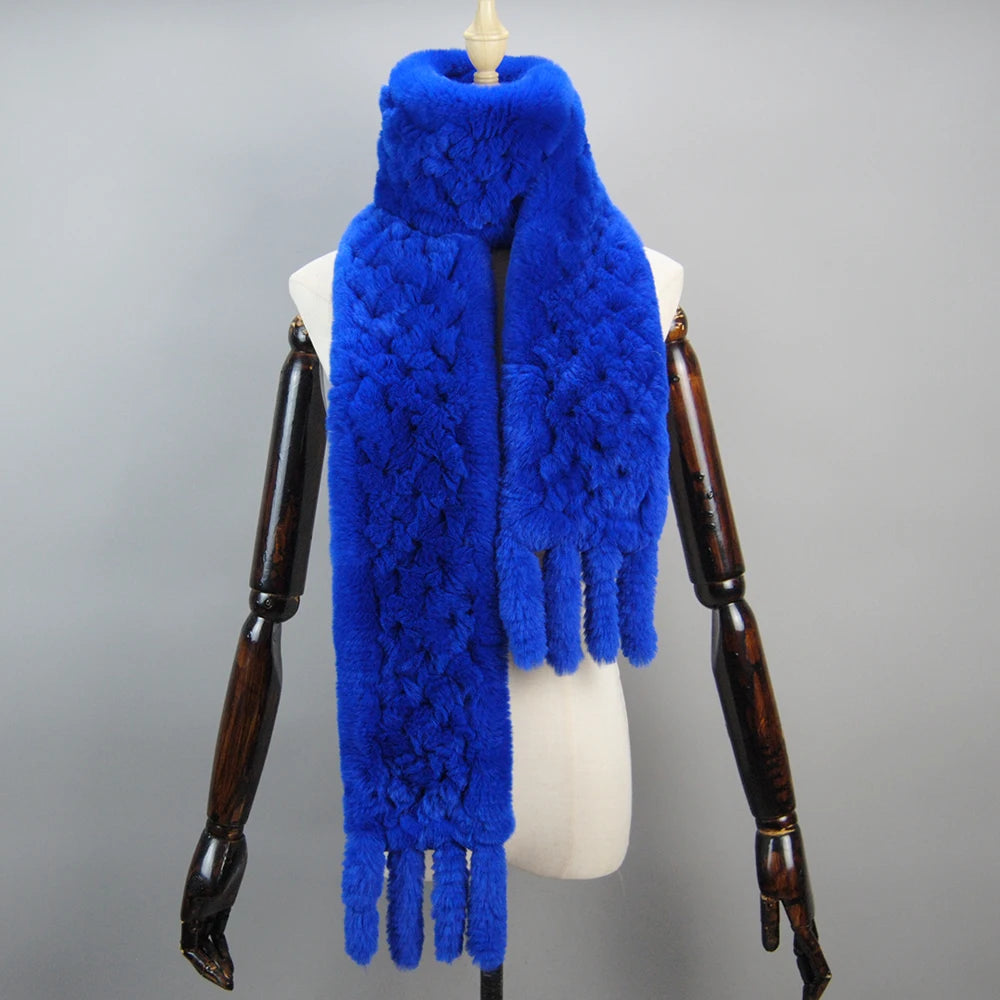 2025 Long Style Women Winter Real Rex Rabbit Fur Scarf Natural Rex Rabbit Fur Scarves Lady Knitted Rex Rabbit Fur Ring Scarves