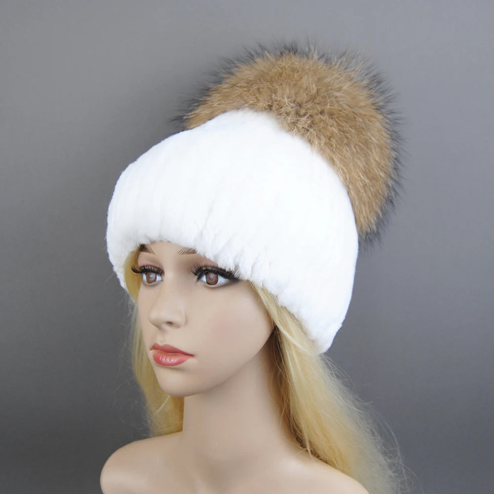 New Winter Warm Real Rex Rabbit Fur Hats Beanies 100% Natural Fur Caps Fashion Knitted Genuine Fur Hat With Raccoon Fur Ball