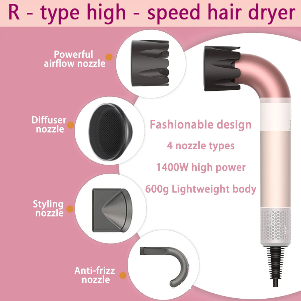 Hair dryer, 1400W high power, quick drying, lightweight body, low noise, comes with multiple types of air nozzles.