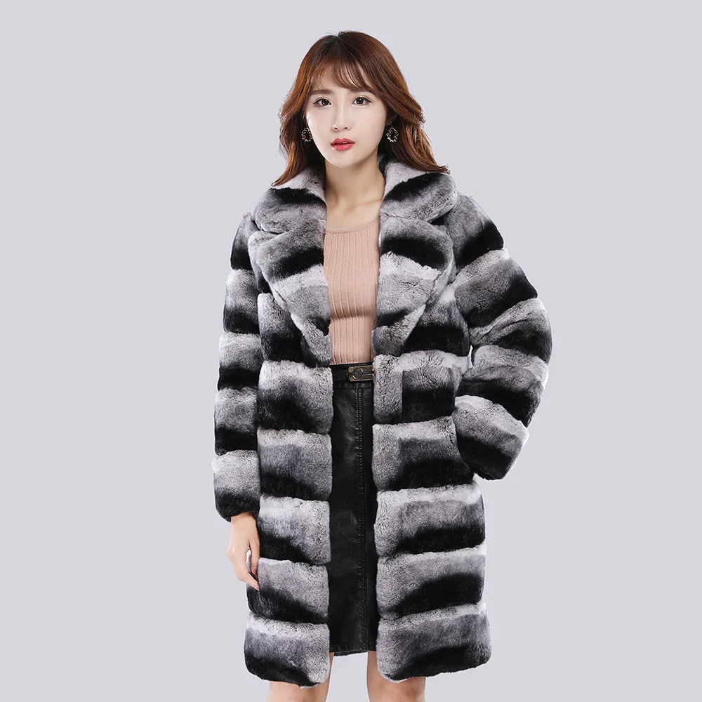2025 Fashion Women Natural Rex Rabbit Fur Coat With Fur Collar Warm Winter Jacket Women Warm Chinchilla Fur Jacket Real Fur Coat