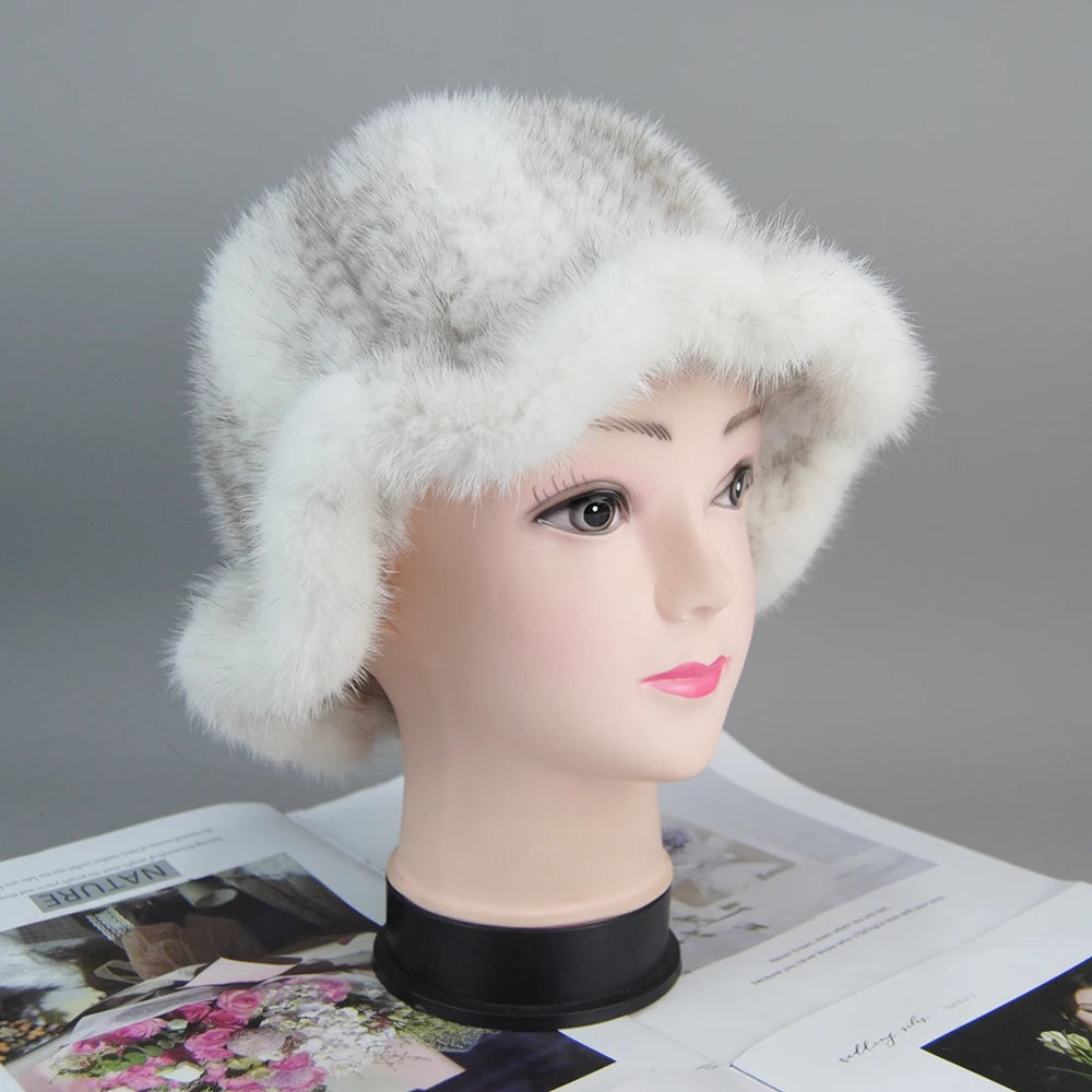 Women's Hat 2025 New Winter Real Mink Fur Hat Casual Luxury Flower Knitted Bucket Hat Pots Cap Lady Natural Mink Fur Cap Beanies