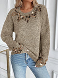 Elegant Sequined round Neck Pullover Knitted Sweater Long Sleeve Fashionable Women's Holiday Party Wear
