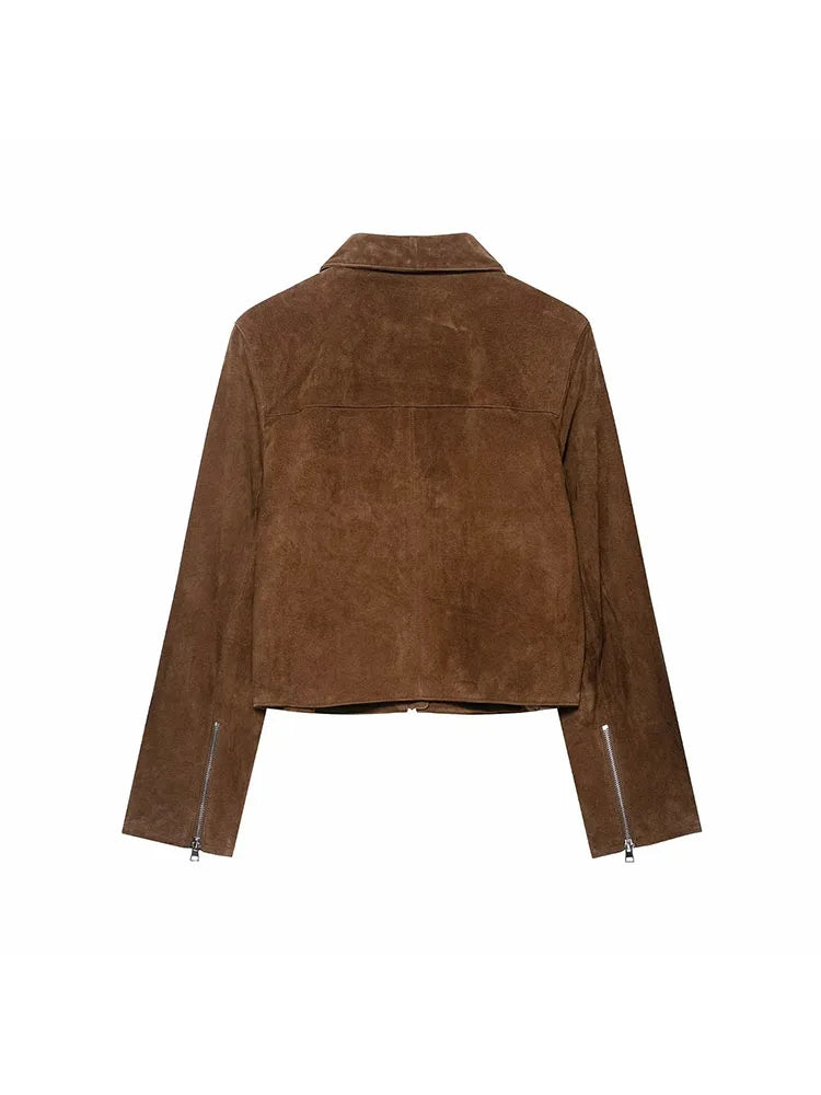 Women's 2025 Autumn New Vintage Suede Women Short Jacket Lapel Long Sleeve Zippers Female Outwear Elegant Lady Streetwear