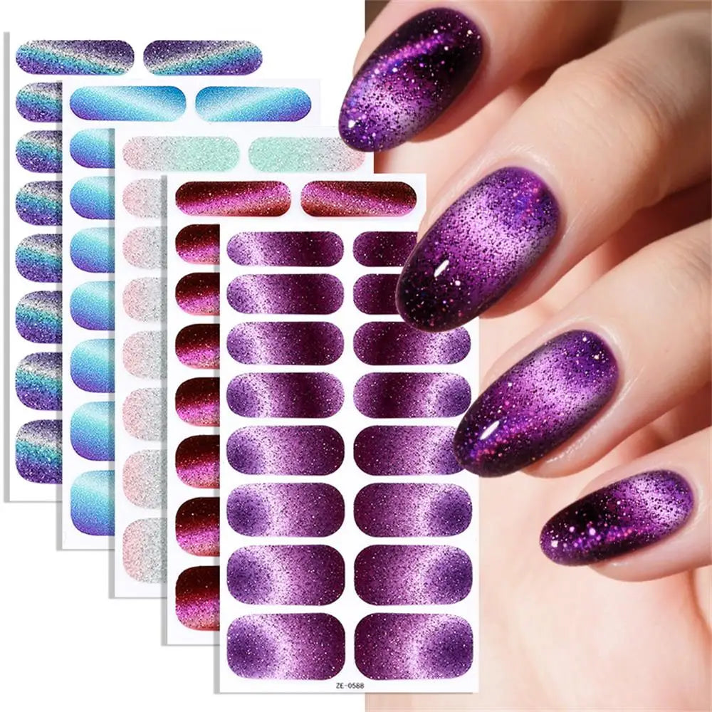 Gradient Cat Eye Style Nail Art Stickers, 16-Piece Set Self-Adhesive Waterproof Glitter False Nail Decals