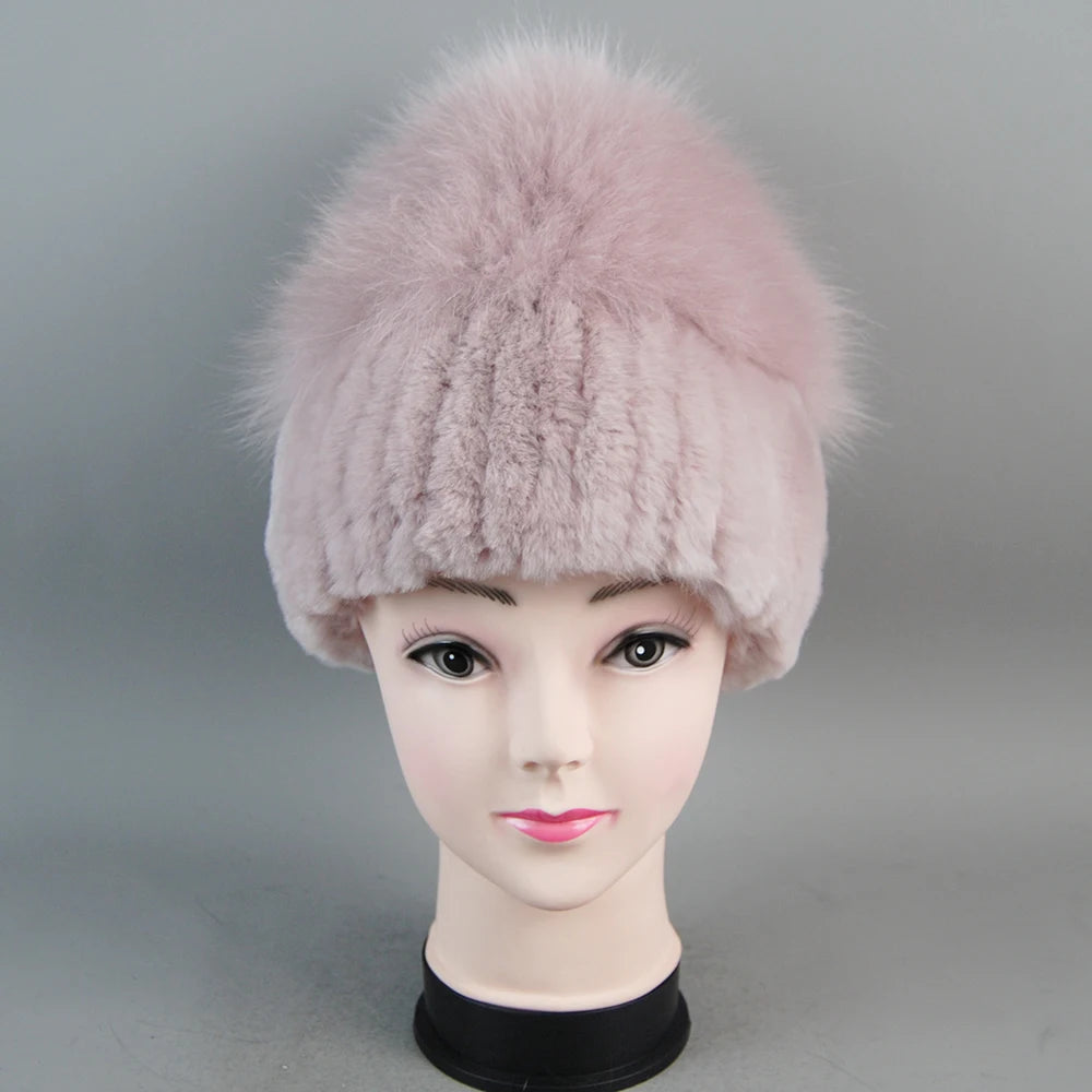 Female's Hat Good Elastic Natural Fluffy Real Fox Fur Hat New Winter Women Knitted Real Rex Rabbit Fur Hats Lady Real Fur Cap