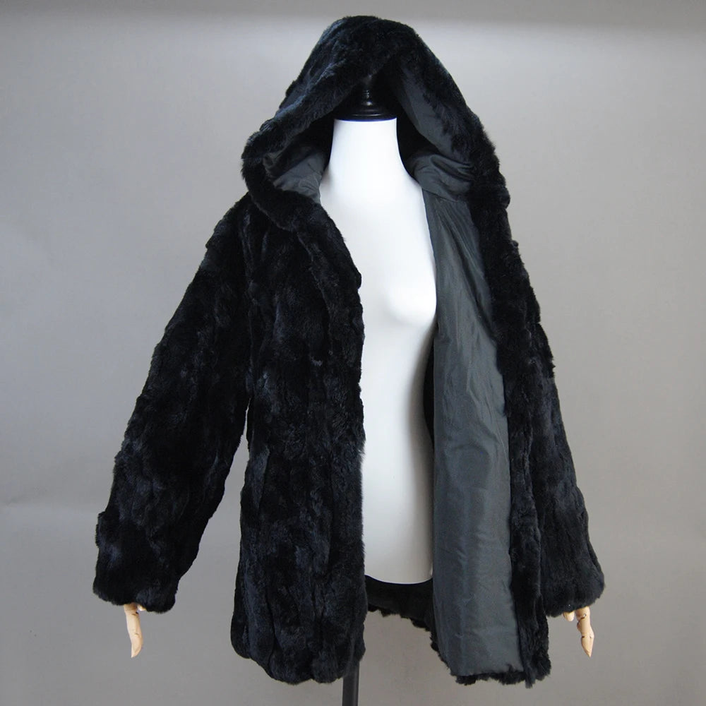 Lady Real Rex Rabbit Fur Coat Luxury Hooded Genuine Rex Rabbit Fur Jacket 2025 Fashion Women Whole Skin Real Rex Rabbit Fur Coat