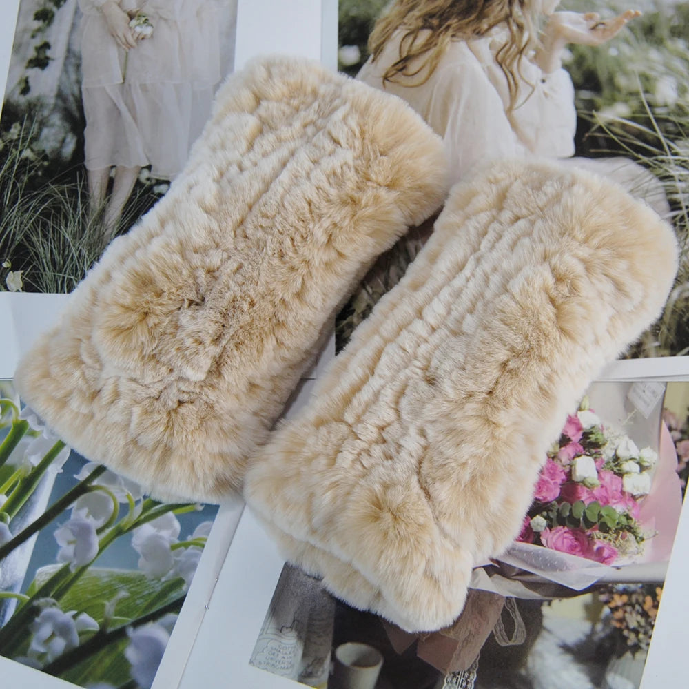 2025 Fashion Real Rex Rabbit Fur Women's Winter Gloves Genuine Fur Mittens Girl Fingerless Gloves Wrist Warmer Elastic Fluffy