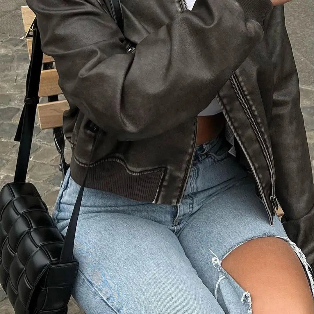 2025 Women Washed Leather Loose Jacket Vintage Stand Collar Gradient Zipper Short Coat Spring Lady Locomotive Style Chic Coat