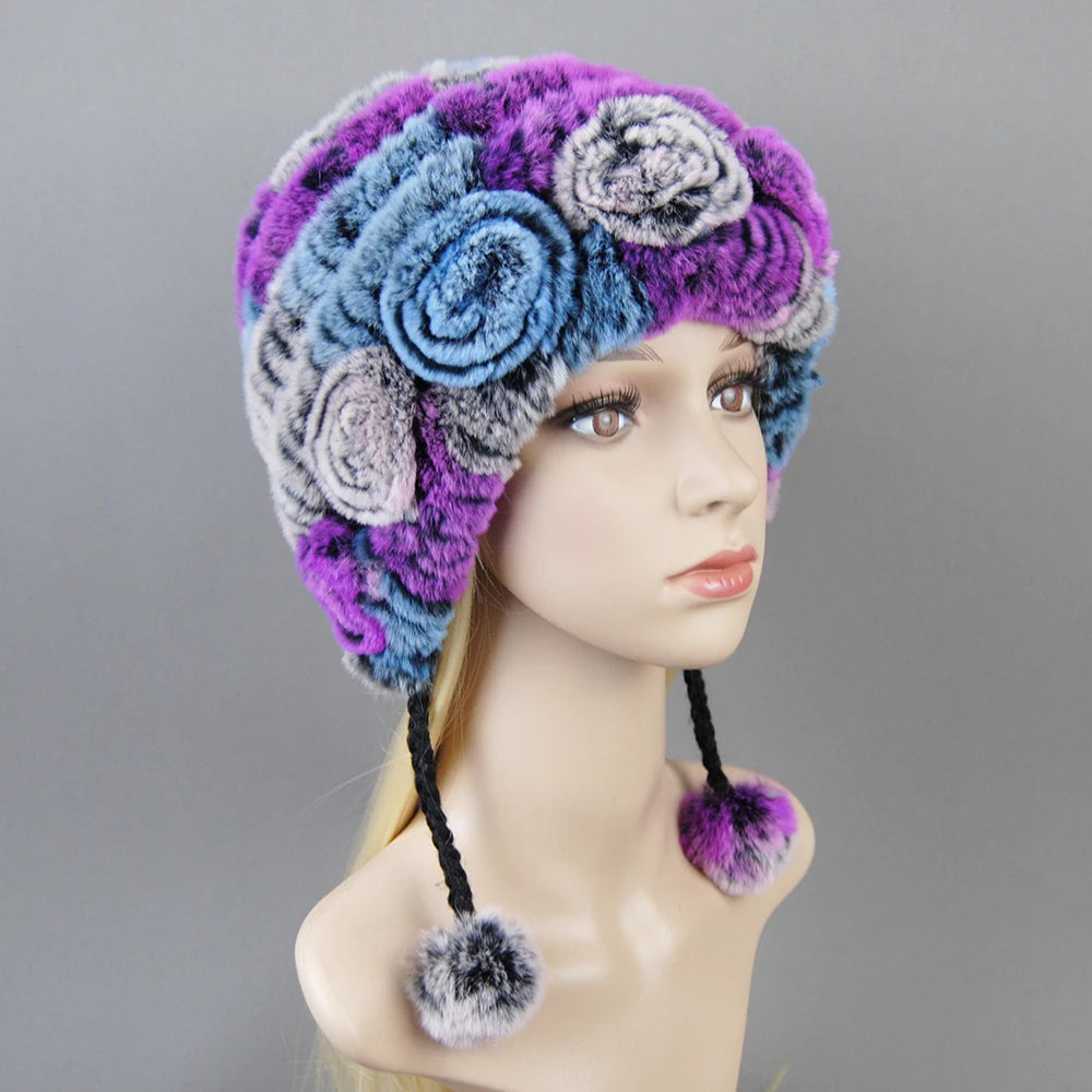 Hot Sale Women Warm Rex Rabbit Fur Hat Scarf Sets Winter Lady Knit Fur Hats Muffler 2 Pieces Natural Rex Rabbit Fur Cap Scarves