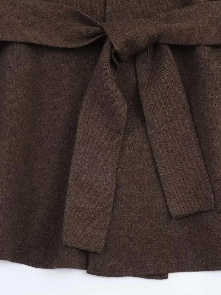 Women's New Vintage Loose Sweater Cardigan Women Casual V-Neck Long Sleeve With Belt Brown Coats Lady Solid Street Outwear