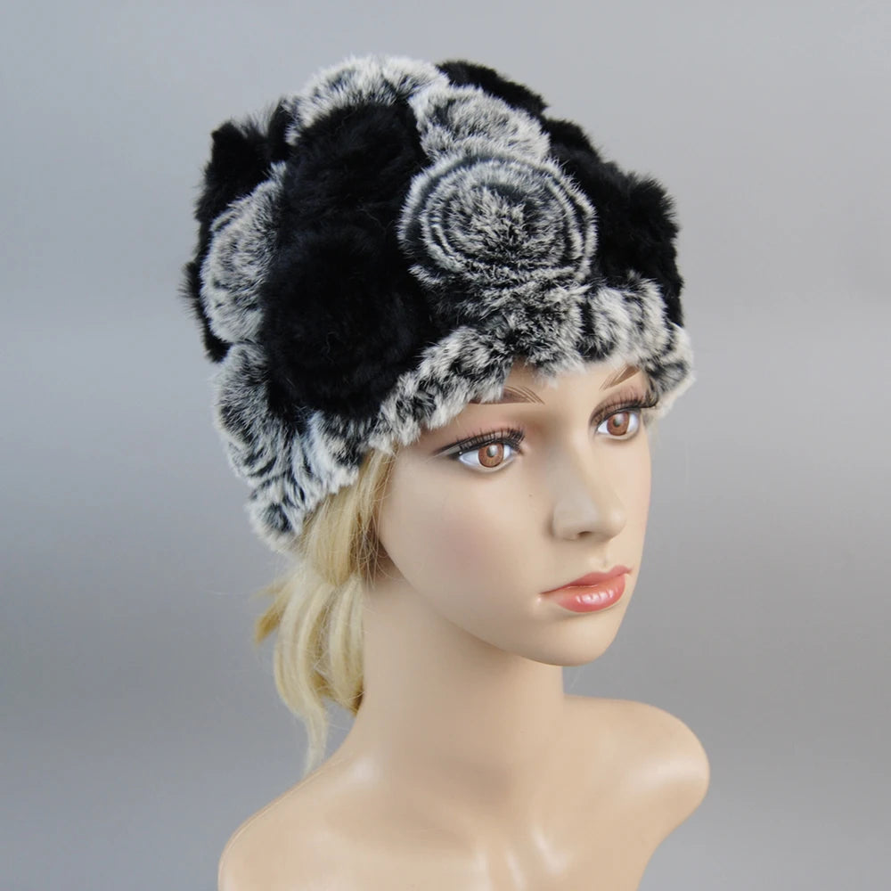 Winter Knitted 100% Natural Fur Hats Scarves Sets Women Warm Real Rex Rabbit Fur Hat Scarf Lady Fashiom Thick Rex Rabbit Fur Hat