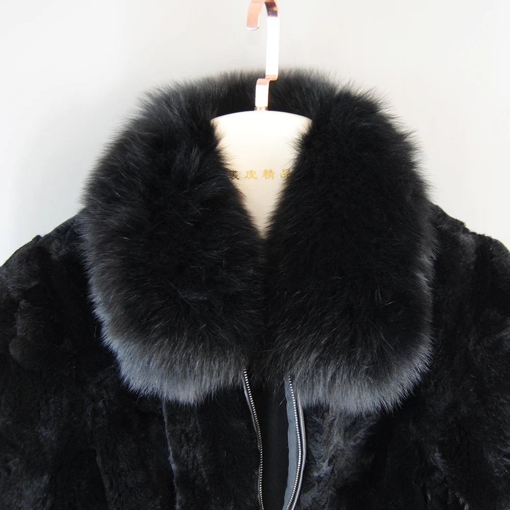 Hot Sale Women Winter Warm Soft Quality Real Rex Rabbit Fur Coat Rex Rabbit Fur Short Jacket Big Real Fox Fur Collar Overcoat