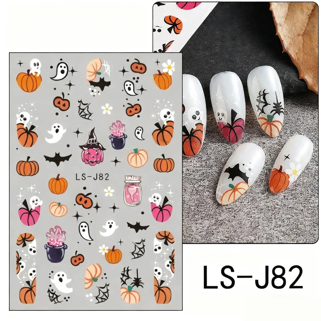 3D Halloween Nail Stickers: Ghost, Pumpkin, Bat, Cat, and Skeleton Designs - DIY Nail Art for Women and Children