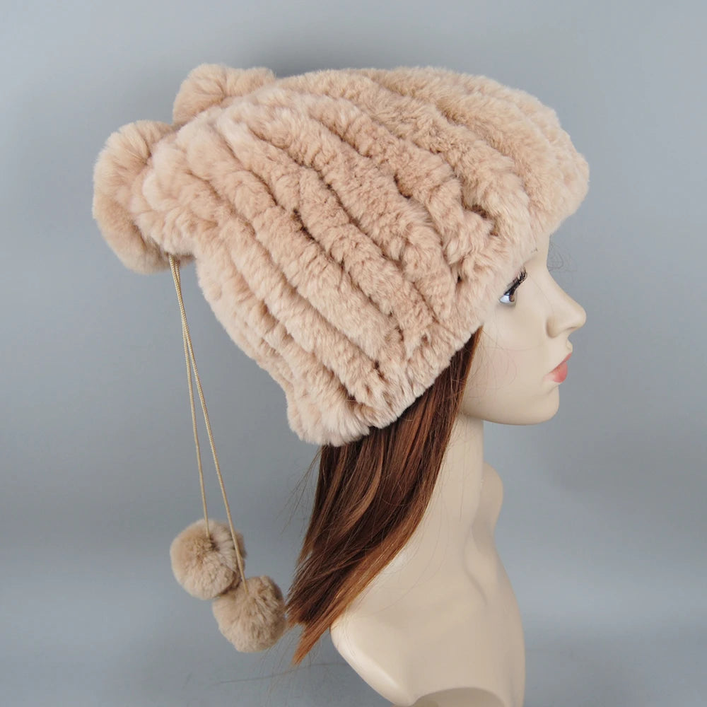 Winter Luxury Women Real Natural Rex Rabbit Fur Hats Fashion Lady Knitted Genuine Fur Caps Russian Outdoor Warm Fur Hats Beanies