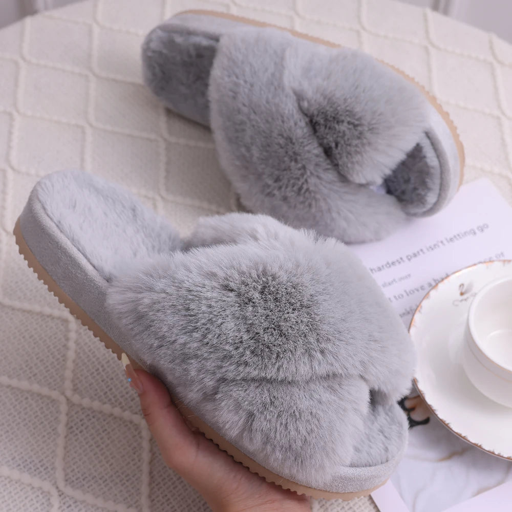 Eyriphy Indoor Open Toe Flats Cotton Shoes Comfort House Slippers Winter Fluffy Fur Slippers Women Fashion Plush Fuzzy Slippers