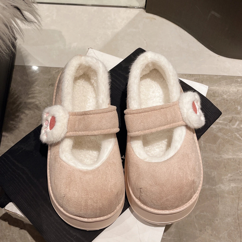 Cute Cat Paw Cotton Snow Boots Shoes With Winter Velvet Thick Sole Indoor Outdoor Shoes ForWarm Round Toe Ankle Boots