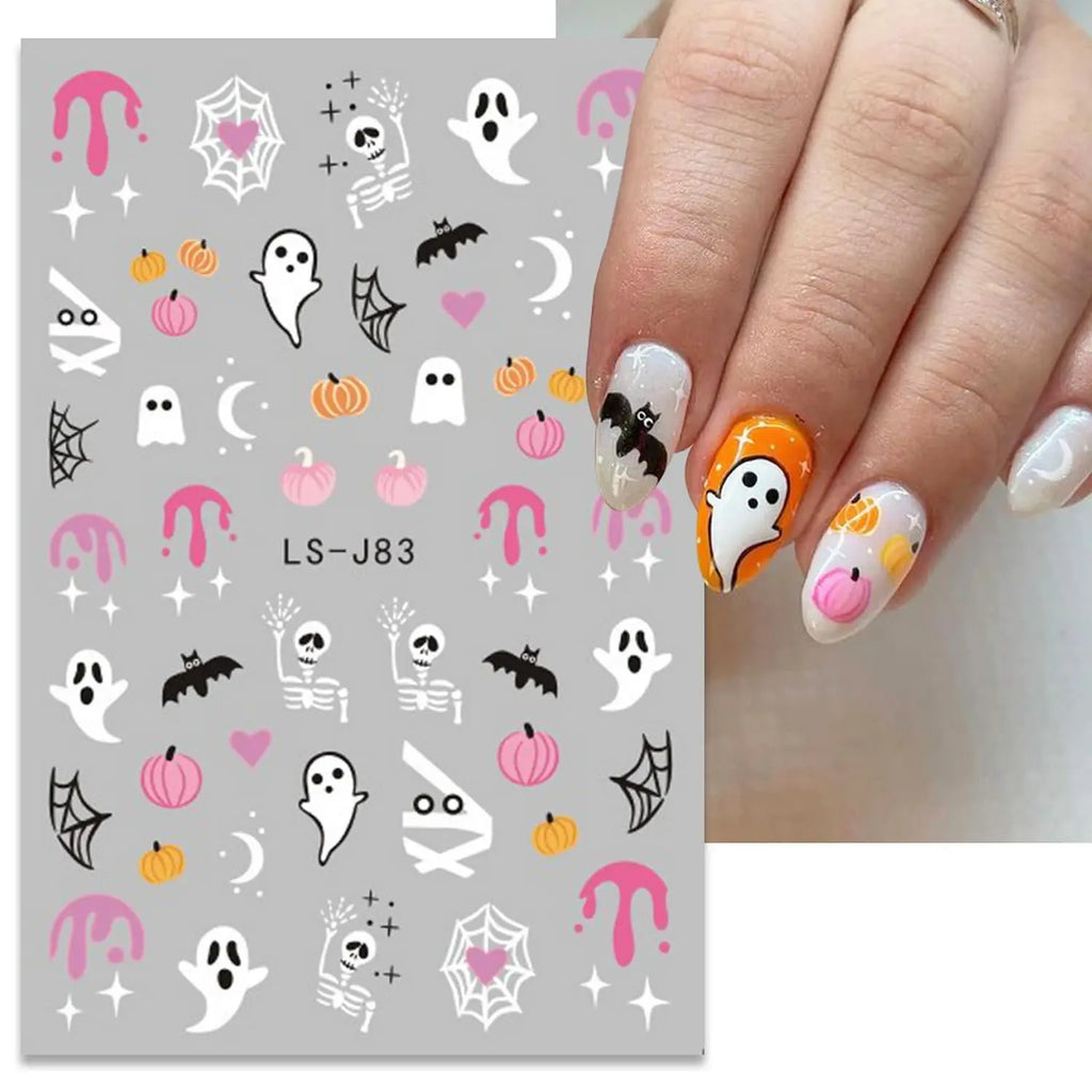 3D Halloween Nail Stickers: Ghost, Pumpkin, Bat, Cat, and Skeleton Designs - DIY Nail Art for Women and Children