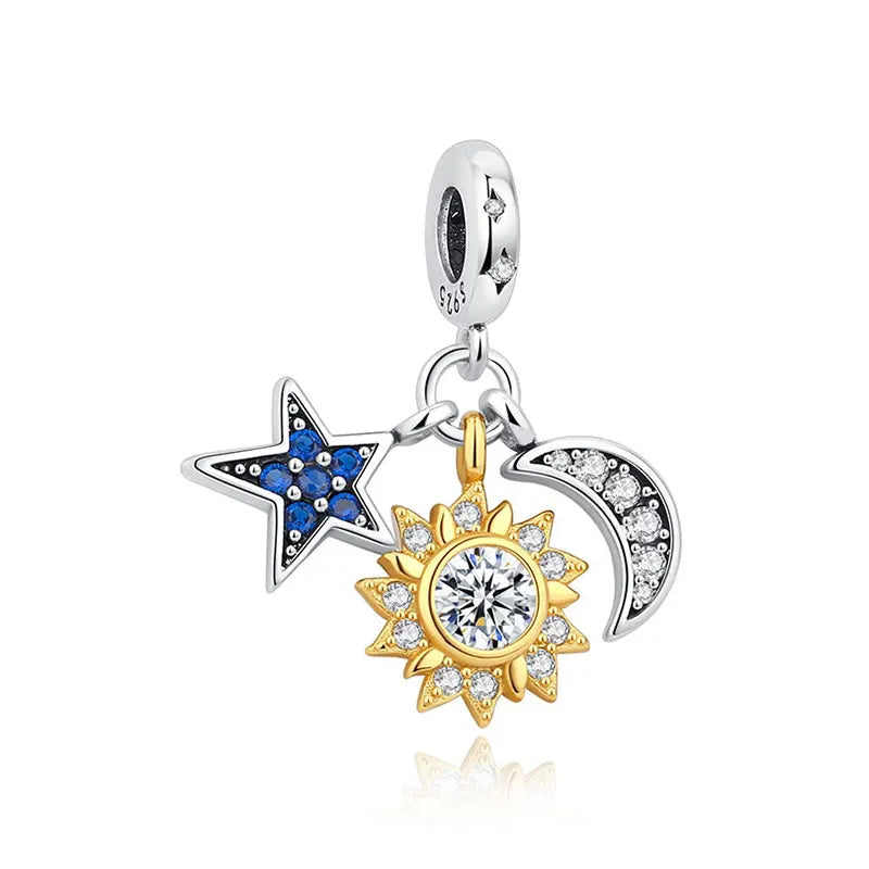 New Original 925 Sterling Silver Charms Star Moon Blue Crystal Glass Beads Fit Brand Bracelets Necklaces Jewelry For Women