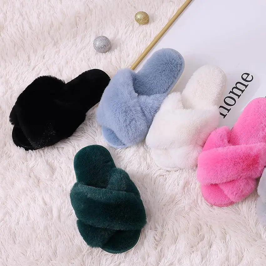Eyriphy Indoor Open Toe Flats Cotton Shoes Comfort House Slippers Winter Fluffy Fur Slippers Women Fashion Plush Fuzzy Slippers