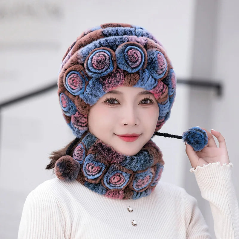 Hot Sale Women Warm Rex Rabbit Fur Hat Scarf Sets Winter Lady Knit Fur Hats Muffler 2 Pieces Natural Rex Rabbit Fur Cap Scarves