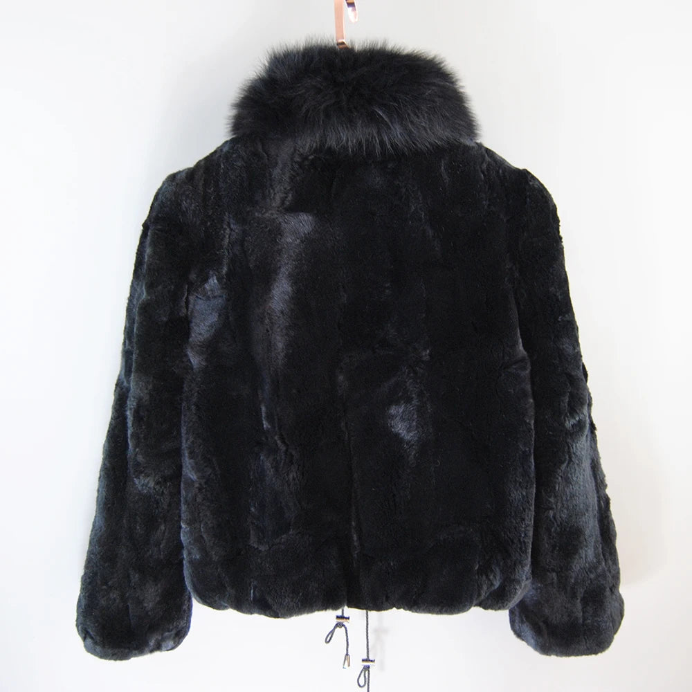 Hot Sale Women Winter Warm Soft Quality Real Rex Rabbit Fur Coat Rex Rabbit Fur Short Jacket Big Real Fox Fur Collar Overcoat