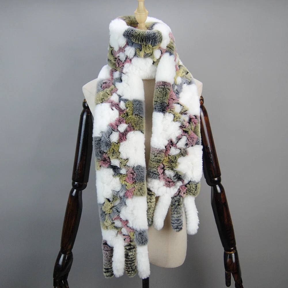 2025 Long Style Women Winter Real Rex Rabbit Fur Scarf Natural Rex Rabbit Fur Scarves Lady Knitted Rex Rabbit Fur Ring Scarves