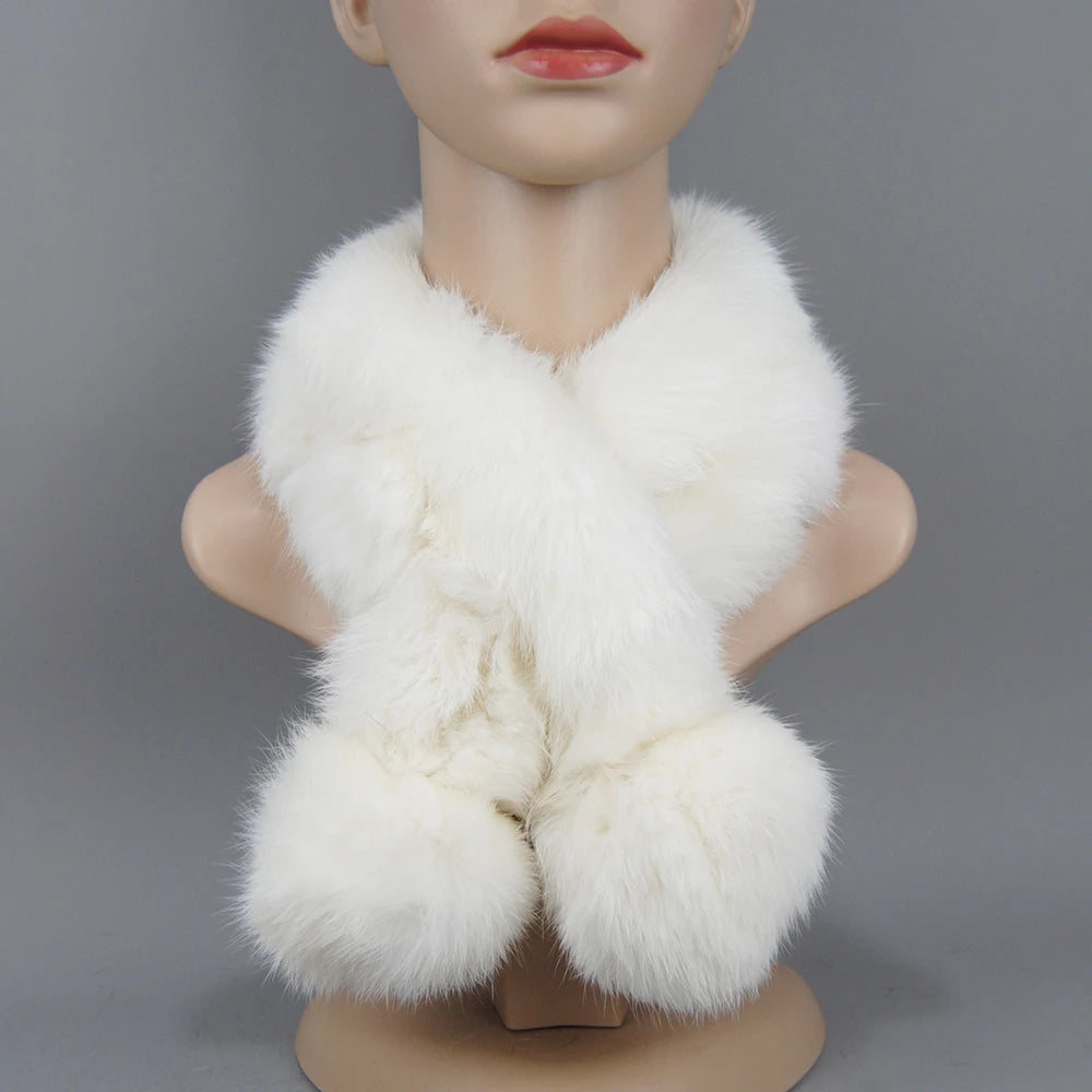 2025 New Russian Women Genuine Rabbit Fur Scarf Winter Ladies Warm Real Rabbit Fur Muffler Fluffy Pompoms Natural Fur Scarves