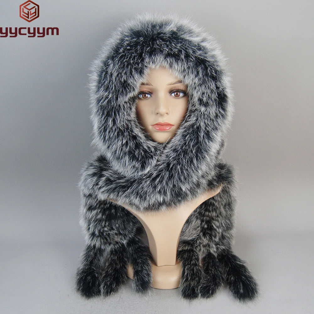 Luxury Knit Genuine Fur Caps Muffler Winter Thick Women 100% Natural Fox Fur Hat Scarves Lady Warm Fluffy Real Fox Fur Hat Scarf