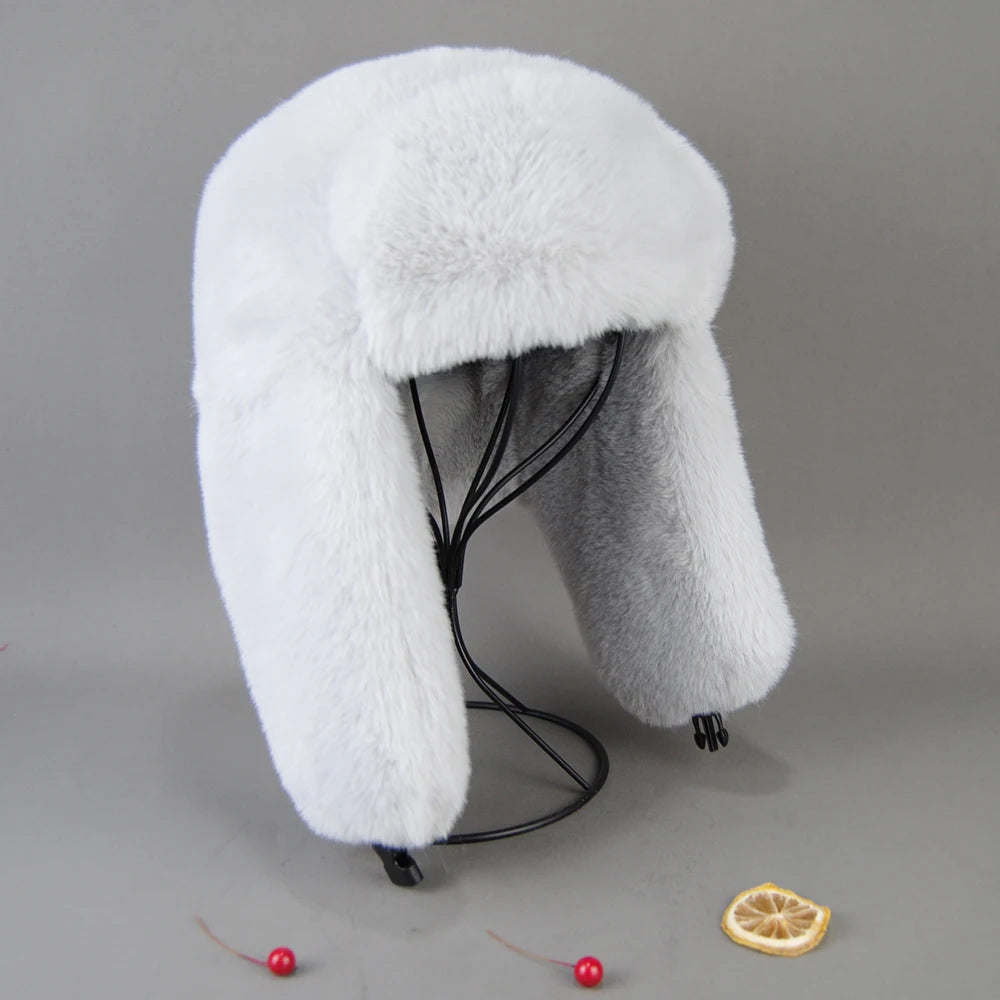 2025 Winter Russian Man Woman White Skin False Rex Rabbit Fur Hats Luxury False Rex Rabbit Fur Cap Unisex False Fur Bomber Hat