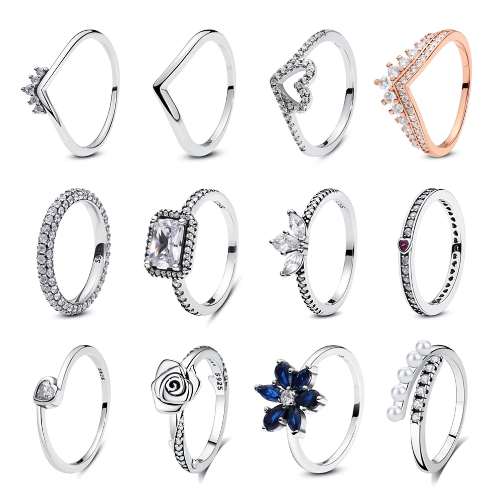 925 Sterling Silver Rings For Women Original Love Heart Wishbone Star Moon Engagement Rose Gold Wedding Ring Crystals Jewelry