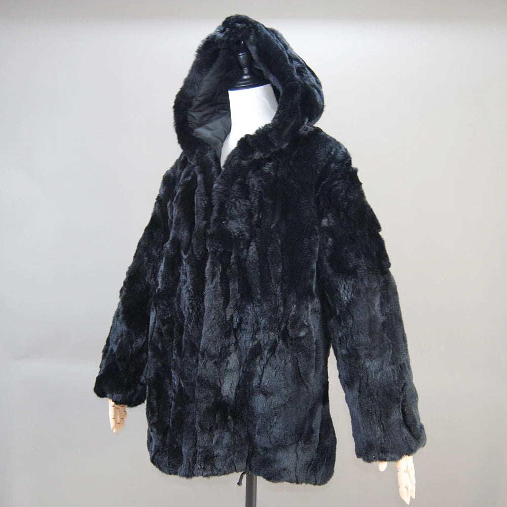 Lady Real Rex Rabbit Fur Coat Luxury Hooded Genuine Rex Rabbit Fur Jacket 2025 Fashion Women Whole Skin Real Rex Rabbit Fur Coat
