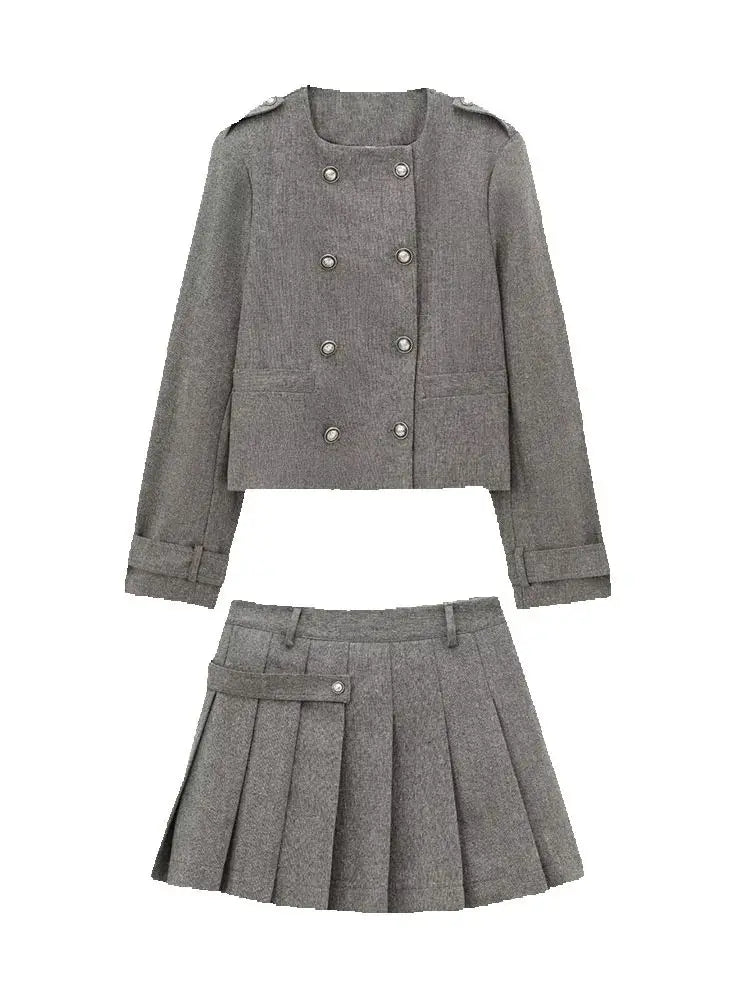 Women Wide Pleated Mini Skirt Sets For Women 2 Pieces Fashion Double Breasted Short Jacket Women 2 Pieces Women Outfit