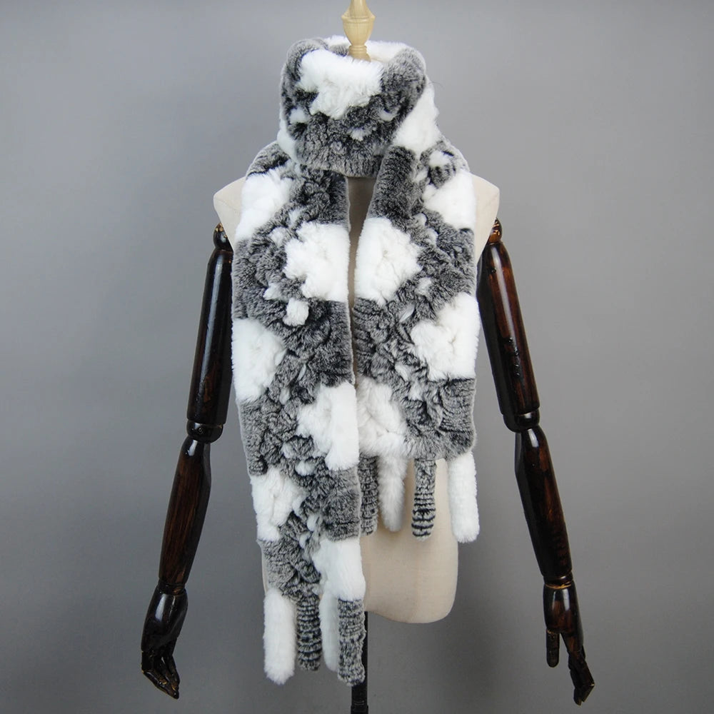 2025 Long Style Women Winter Real Rex Rabbit Fur Scarf Natural Rex Rabbit Fur Scarves Lady Knitted Rex Rabbit Fur Ring Scarves