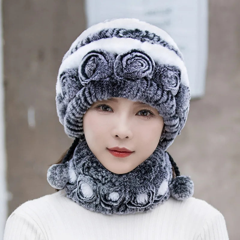 Hot Sale Women Warm Rex Rabbit Fur Hat Scarf Sets Winter Lady Knit Fur Hats Muffler 2 Pieces Natural Rex Rabbit Fur Cap Scarves