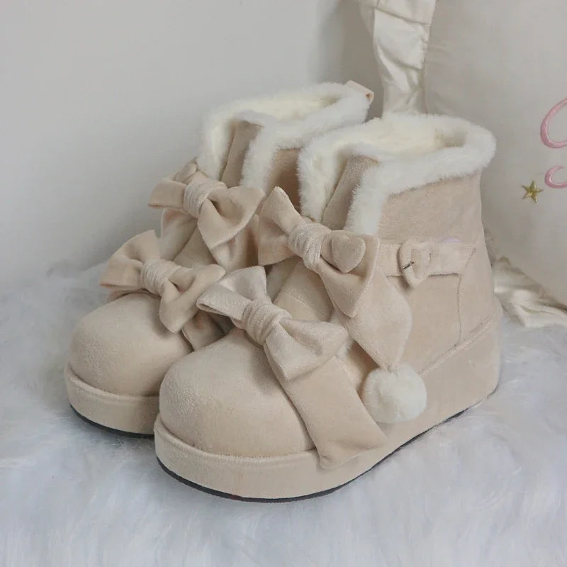 Thick-soled Snow Boots Women Winter Velvet Kawaii Pink Shoes Lolita Sweet Cute Bow Boot Women