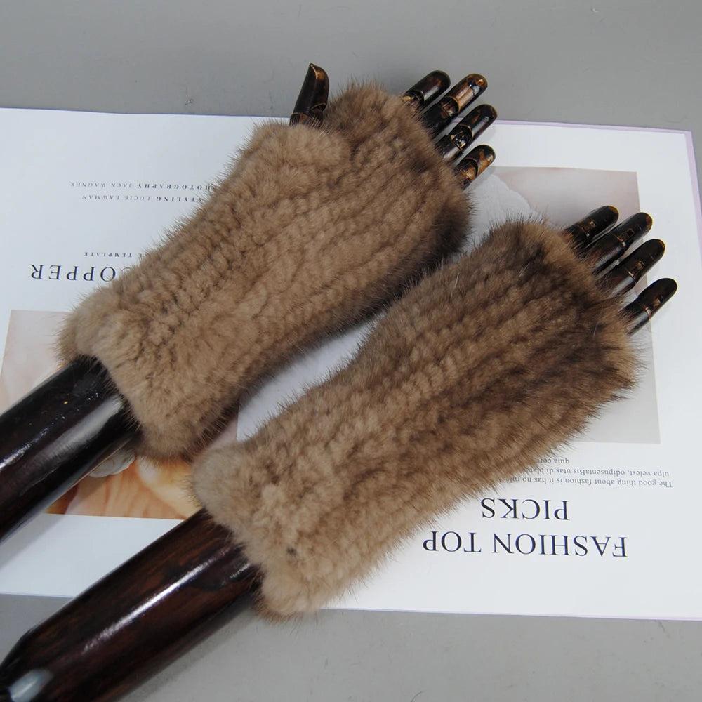 New Style Women Winter Real Mink Fur Gloves 100% Natural Warm Mink Fur Fingerless Gloves Girls Knitted Genuine Mink Fur Mittens