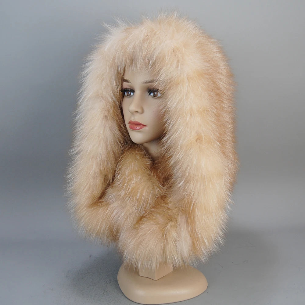 Luxury Knit Genuine Fur Caps Muffler Winter Thick Women 100% Natural Fox Fur Hat Scarves Lady Warm Fluffy Real Fox Fur Hat Scarf