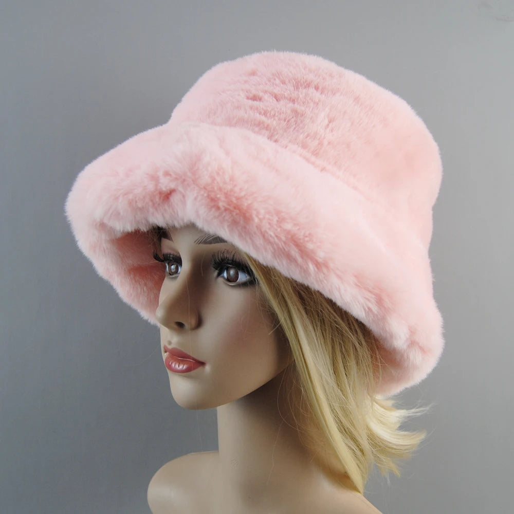New Fake Rabbit Fur Hats Super Soft Women Winter Hat Cotton Lining Warm Russian Ski Beanies Plush Solid Color Fashion Casual Cap