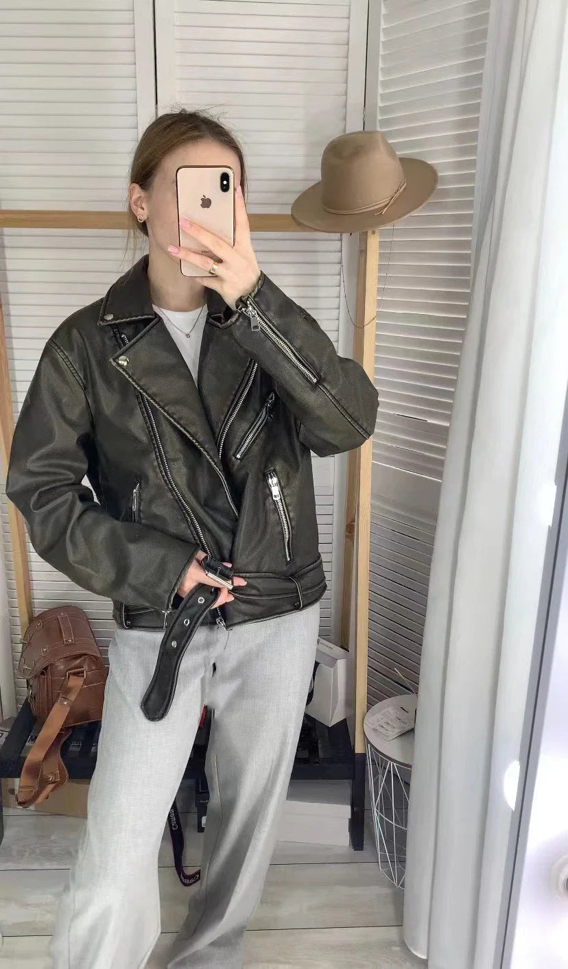 ladies 2025 new vintage do old washed leather imitation leather locomotive type PU jacket women's coat top