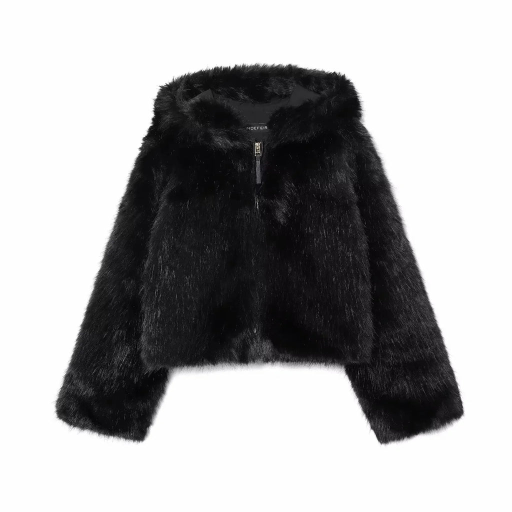 Women 2025 Winter New Hooded Short Faux Fur Jacket O Neck Women's Furry Jacket Long Sleeves Plush Coat Stylish Streetwear Top