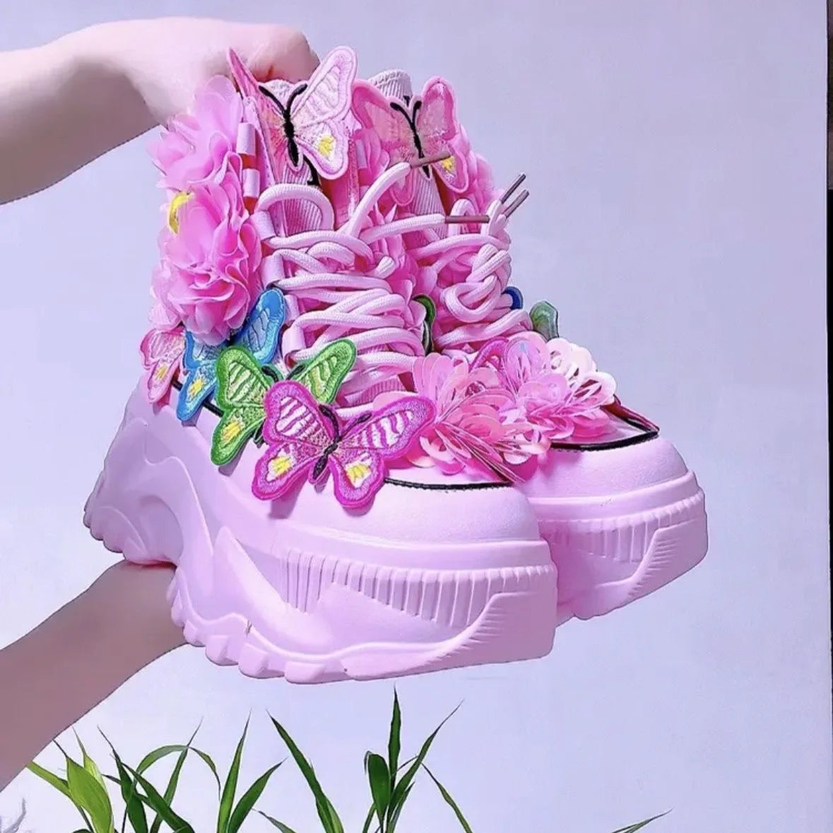 Sweet Pink Casual Shoe High Platform Women Sneakers Female Ankle Booties Pearls Heart Rhinestones Ladies Thick Bottom Shoes