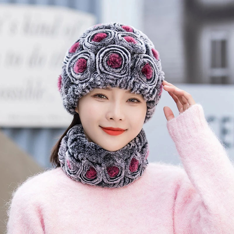 Winter Knitted 100% Natural Fur Hats Scarves Sets Women Warm Real Rex Rabbit Fur Hat Scarf Lady Fashiom Thick Rex Rabbit Fur Hat
