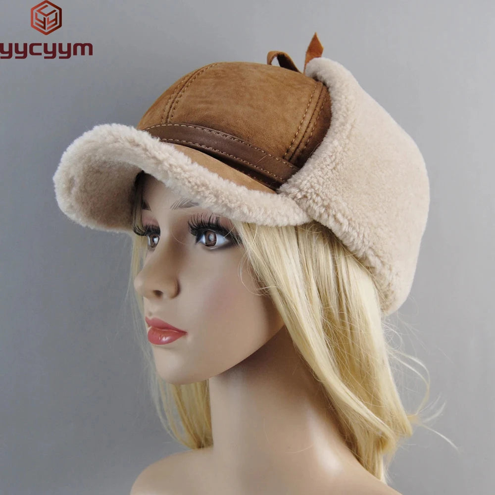 High Quality 2025 Winter Leather Hat Men Fur Lamb Wool Warm Thick Earflaps Bomber Hats Men's Baseball Cap Russian Hat