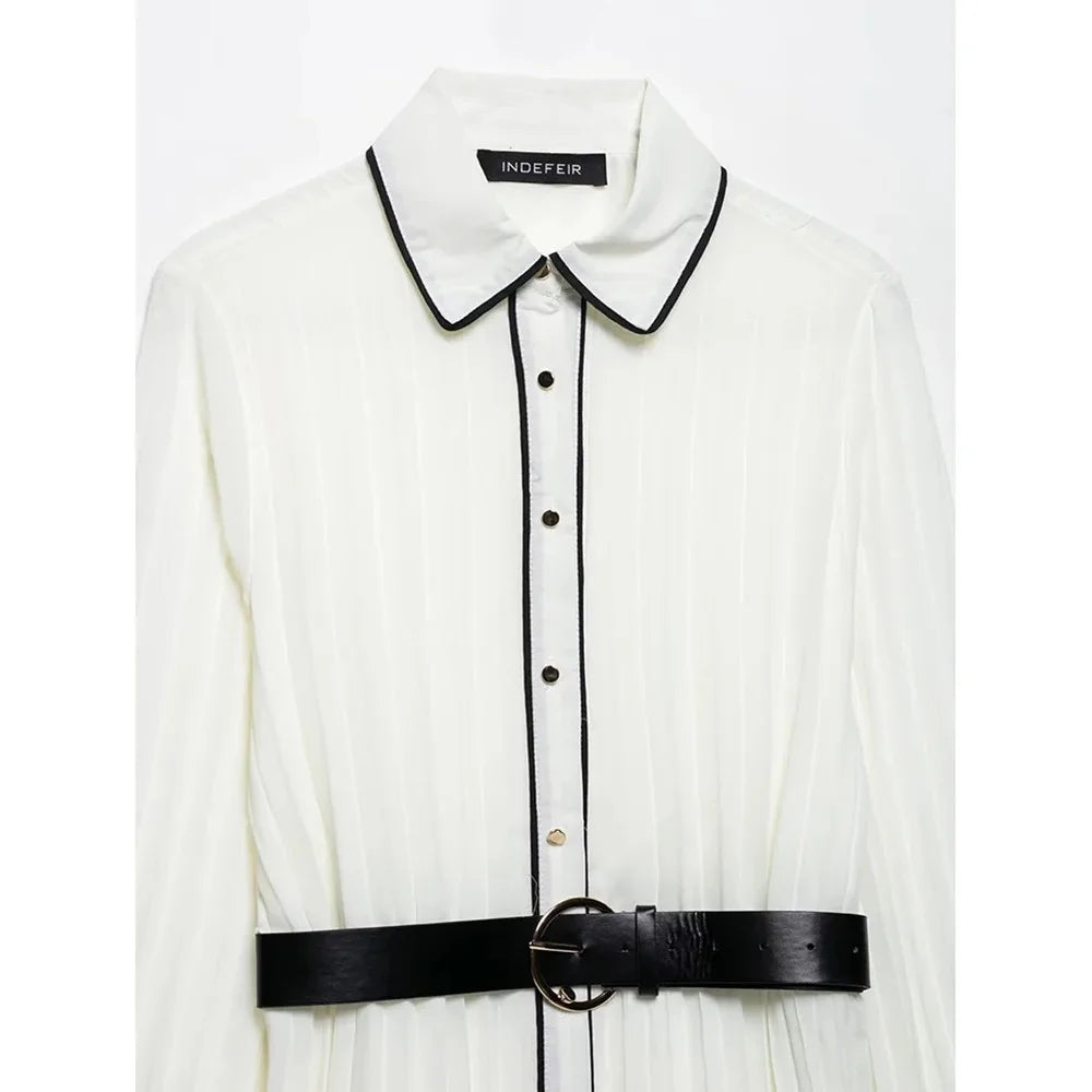 Women's Colourful Lapel Pleated Dress Corseted Long Sleeve Single Breasted (With Belt) Long Dress Elegant Women's Clothing