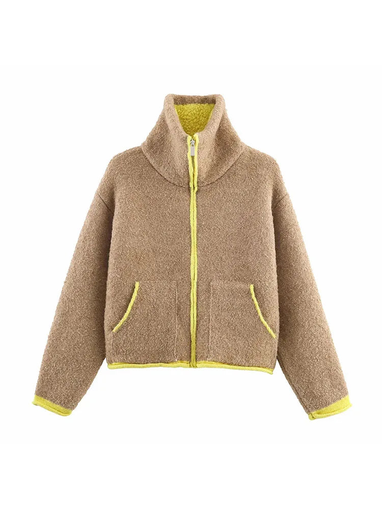 Women Autumn Winter New Color-block Knitwear Fleece Jacket Street Style Women's Fashion Outerwear Elegant Stand Collar Coat