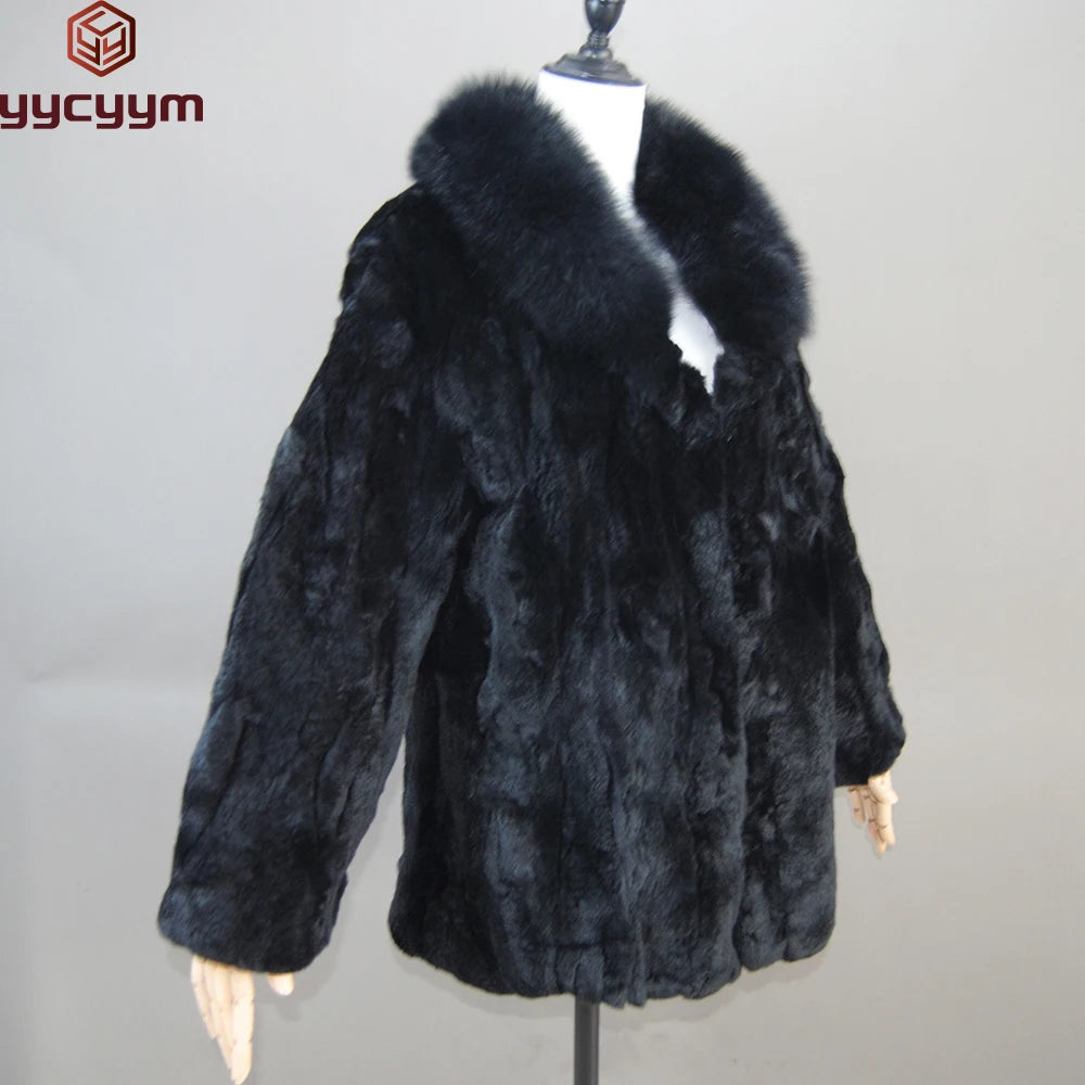 2025 Luxury Women Winter Thick Real Rex Rabbit Fur Coat Lady Warm Quality 100% Genuine Rex Rabbit Fur Jacket With Fox Fur Collar