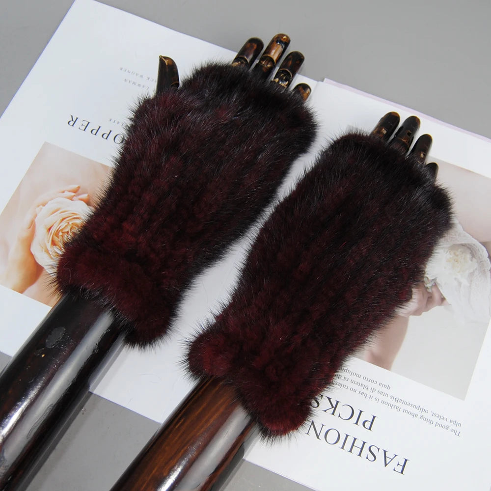 New Style Women Winter Real Mink Fur Gloves 100% Natural Warm Mink Fur Fingerless Gloves Girls Knitted Genuine Mink Fur Mittens